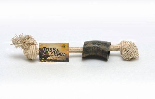 Natural Water Buffalo Horn Dog Chew | Small Rope with 1 Horn | Grass-Fed Free-Range Buffalo Treat & Toy