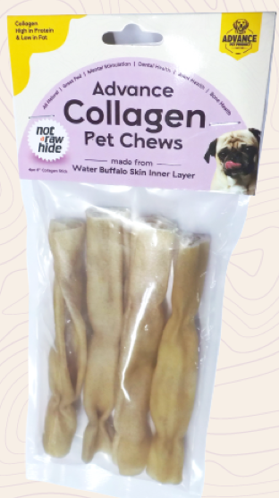 Collagen Dog Chews (Pack of 4) – 6" Long | Natural, Grass-Fed | Dental & Joint Health | Water Buffalo Skin
