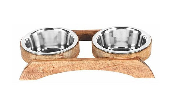 Wooden Double Dog Bowl Stand – Mango Wood Pet Feeder with Steel Bowls, Non-Skid Base, Anti-Rattle, 1-2 Quart