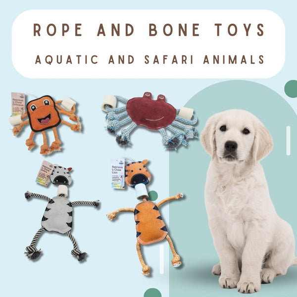 Rope and Bone Toy: Aquatic and Safari tug and chew toys made with all natural bone. Pet safe and environmentally friendly