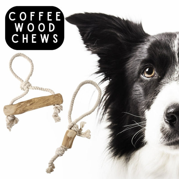 COFFEE WOOD and ROPE tug and chews! Made with real, ecologically sourced coffee wood. Great for tough chewers. Helps with Dental Hygiene!