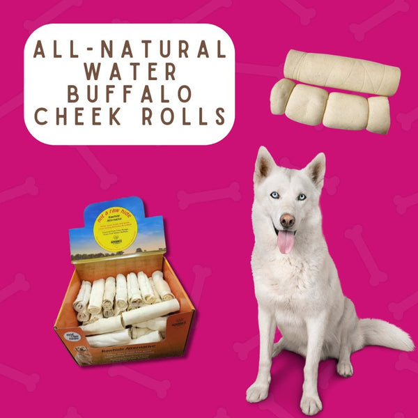 All-Natural Water Buffalo Cheek Rolls for Dogs – Long Lasting Rawhide Alternative, 6" & 12", 5 Packs – Wild Eats Dog Treats